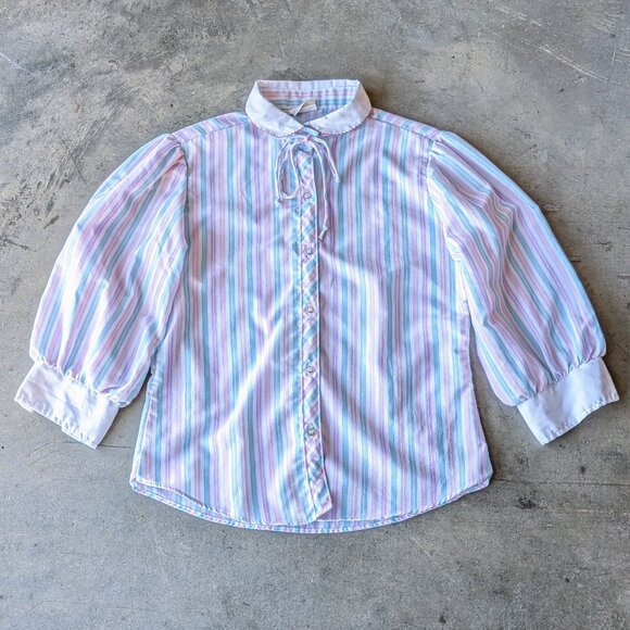 Vintage Blue Pink Purple Striped Peter Pan Collar Button Front Shirt - Picture 2 of 9